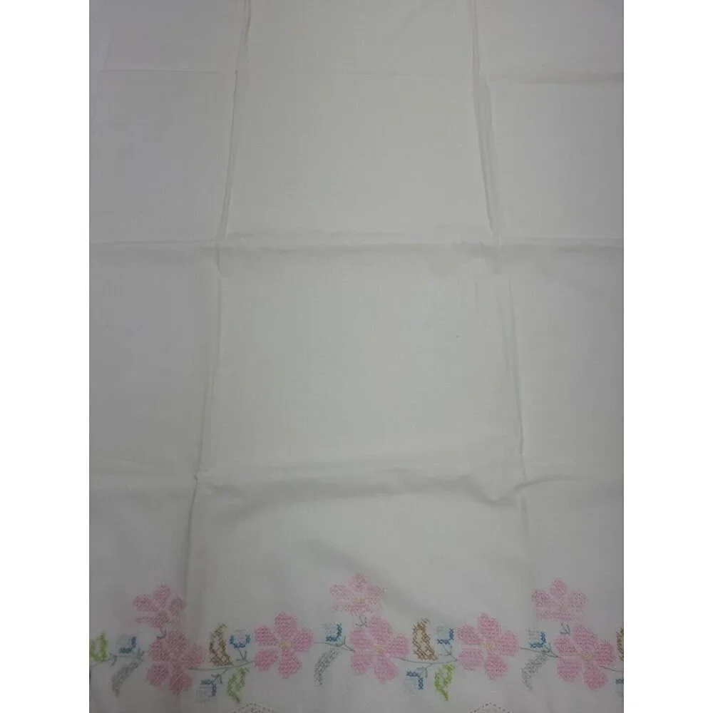 Vintage Handmade Cross Stitch Pillowcase Standard Sz Floral Scalloped Lace Edge